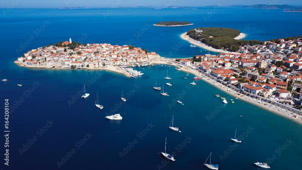 Aerial panorama of marina and resort adriatic town Primosten, Croatia.