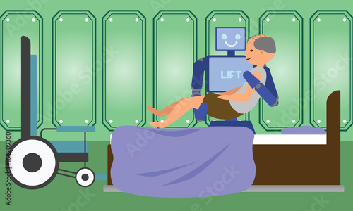 Domestic robot helping senior from wheel chair to bed. Personal robot elderly care nurse futuristic concept illustration vector.