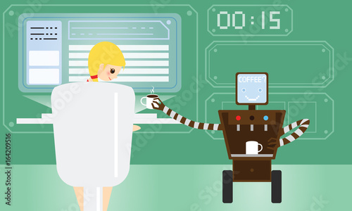 Domestic robot brings cup of coffee to his female owner at modern office. Personal robot assistance futuristic concept illustration vector.