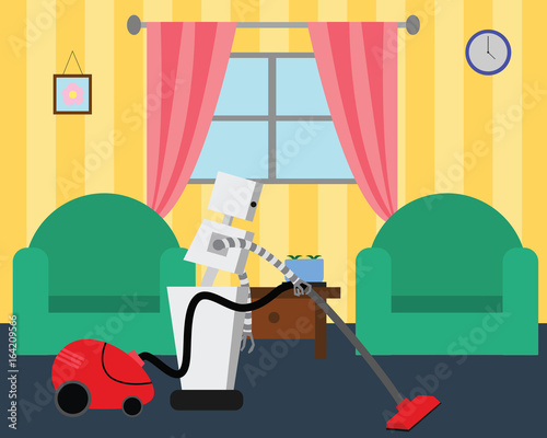 Domestic Robot vacuum cleaning the room. Personal robot housekeeping futuristic concept illustration vector.