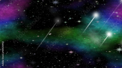 Meteorites flying through the universe with multicolored nebula group, video animation for astronomy, sci-fi, science photo