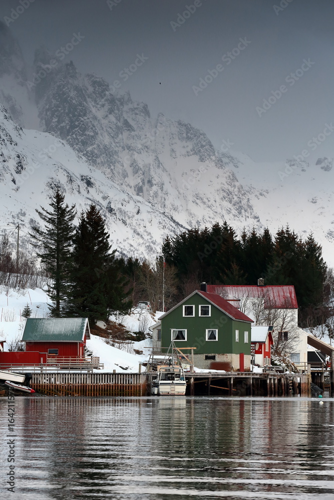 Fototapeta premium Red-green-white cottages in Vestpollen over Austnesfjorden-Austvagoya island. Lofoten-Nordland fylke-Norway. 0098