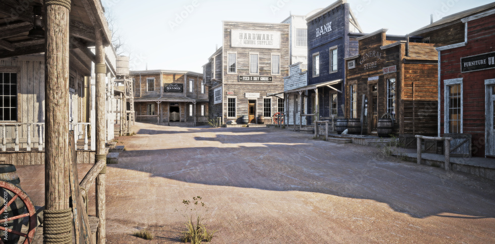 Western town with various businesses . 3d rendering