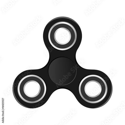 Black colorful fidget spinner with silver bearings on a white background. Modern children's hand spinning toy