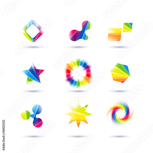 Set of minimal geometric multicolor symbols and shapes. Trendy icons and logotypes. Business signs symbols, labels, badges, frames and borders