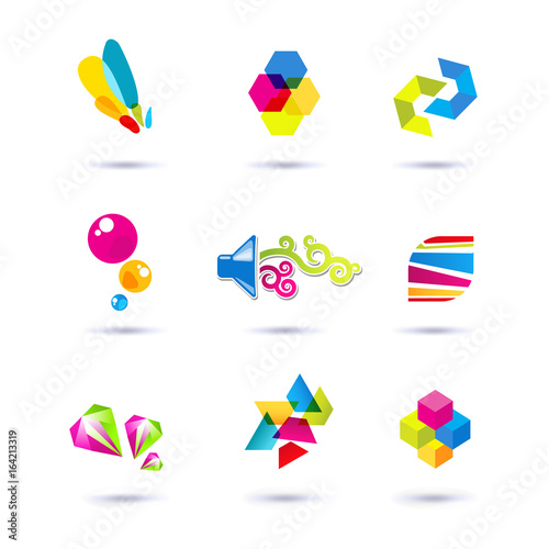 Set of minimal geometric multicolor symbols and shapes. Trendy icons and logotypes. Business signs symbols, labels, badges, frames and borders