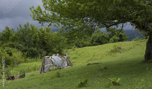 Abandoned tent in the mountains