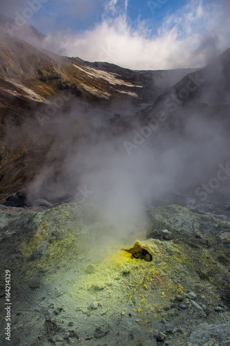 inside Mutnovsky Volcano  active vents and steam sulphur toxic surreal landscape  © Dan