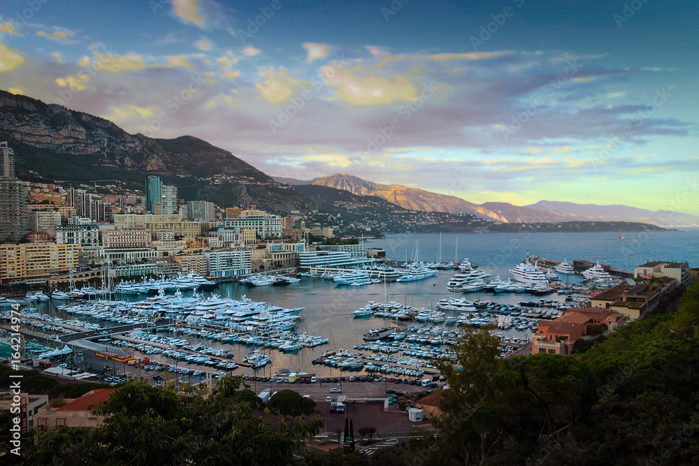 Monaco and Monte Carlo principality marina sunset view