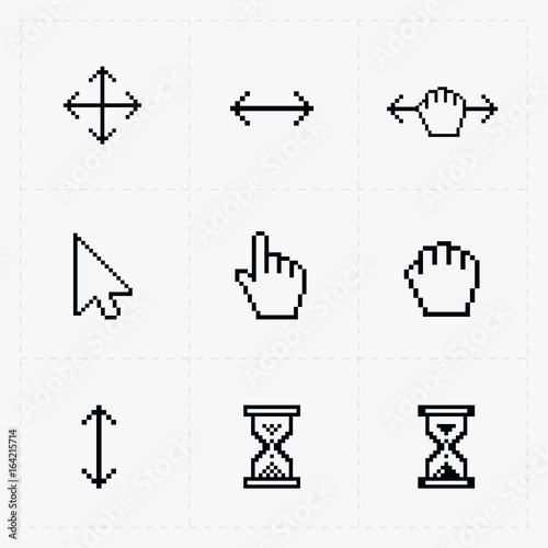Pixel cursors icons on white. Vector Illustration.