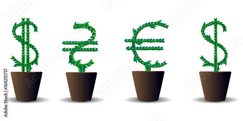 Green leaves laid out in form of an international graphic designation of US dollar, euro and Ukrainian hryvnia, trees growing in pots, topsy-dipping. Money, concept of investments bringing incomes