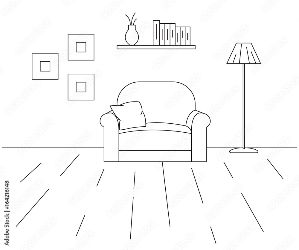 Armchair, next to a floor lamp. Shelf with books, frames on the wall. Linear sketch of the interior in a modern style. Armchair, next to a floor lamp. Shelf with books, frames on the wall. Linear sketch of the interior in a modern style.