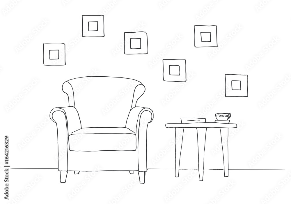 Chair, table with mug. Hand drawn vector illustration of a sketch style Chair, table with mug. Hand drawn vector illustration of a sketch style