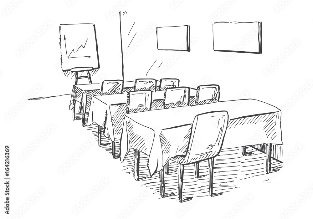 Conference room in a sketch style. Hand drawn office desk, office chair. Vector illustration. Conference room in a sketch style. Hand drawn office desk, office chair. Vector illustration.