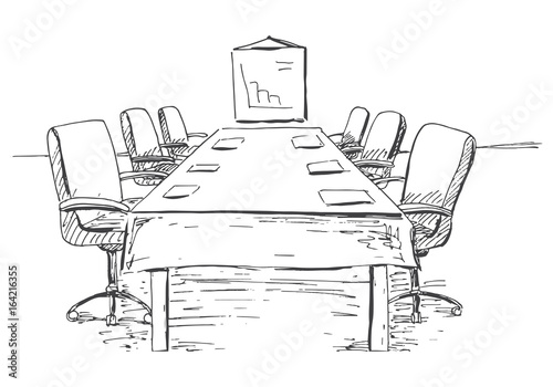 Conference room in a sketch style. Hand drawn office desk, office chair. Vector illustration.