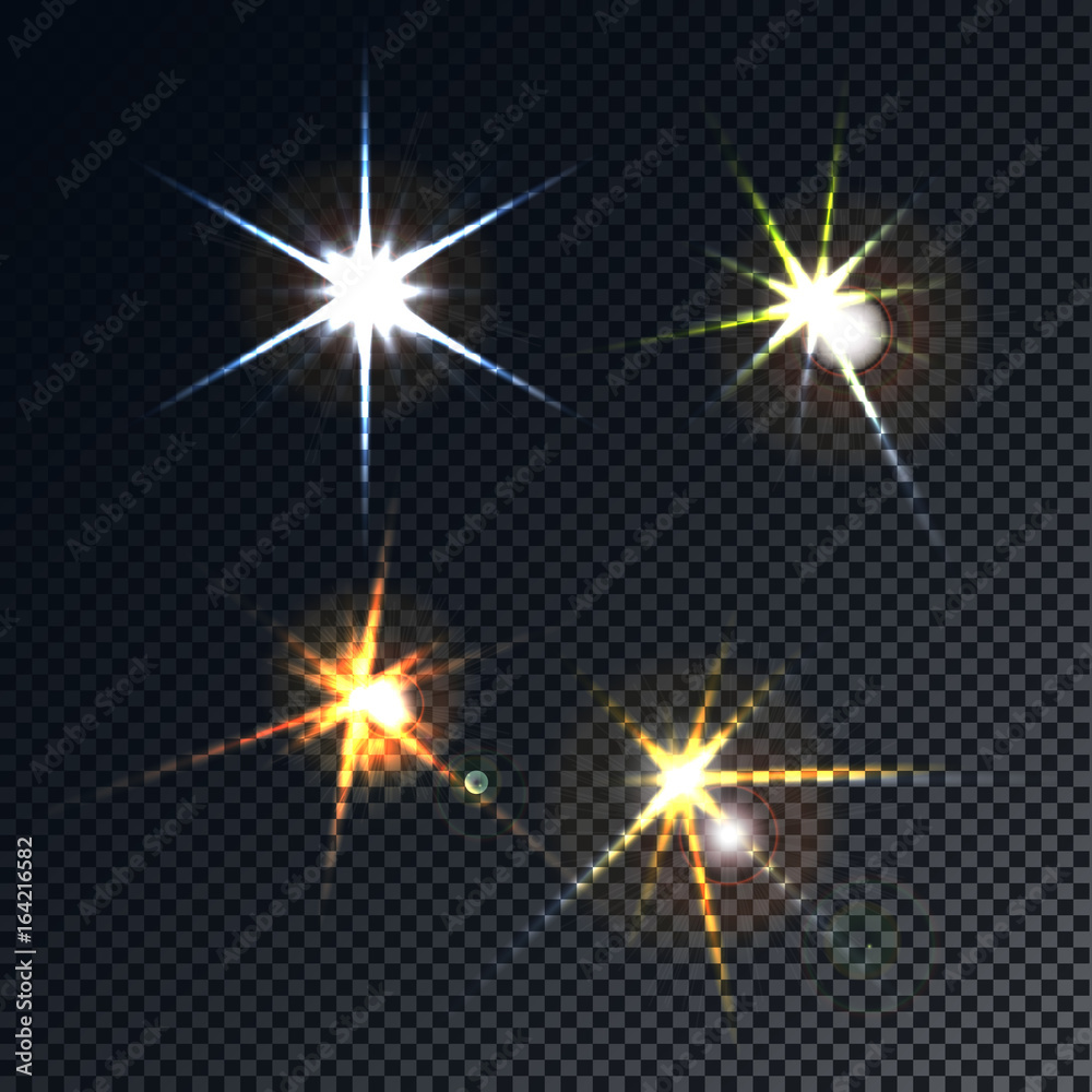 A set of four highlights, stars, auroras from white to blue and yellow A set of four highlights, stars, auroras from white to blue and yellow