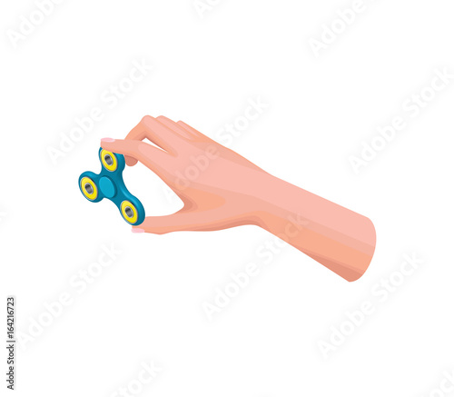 Hand holding, playing and making tricks with fidget spinner, isometric vector illustration with colorful anti-stress toys or gadgets