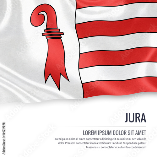Switzerland state Jura flag waving on an isolated white background. State name and the text area for your message. 3D illustration.