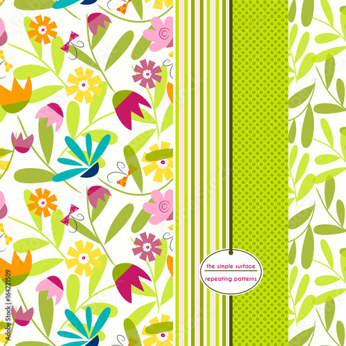 Spring garden seamless pattern set. Floral repeating pattern for gift wrap, fabric, kids apparel, backgrounds and more. Flower, stem, stripe and polka dot prints. Cute, sweet, colorful. Spring, summer