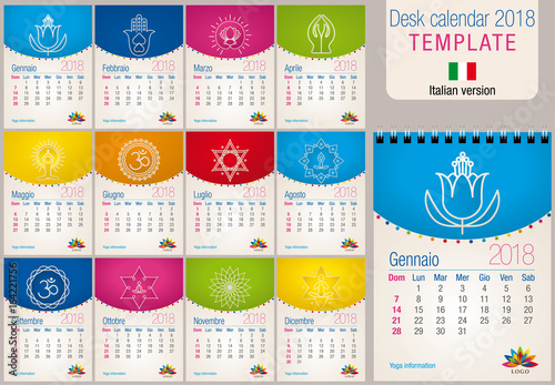 Useful desk calendar 2018 colorful template with yoga and reiki icons. Size: 150mm x 210mm. Format A5 vertical. Italian version