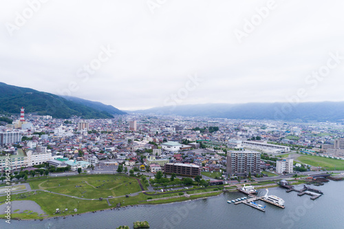 Lake Suwa in Nagano seen from the sky 