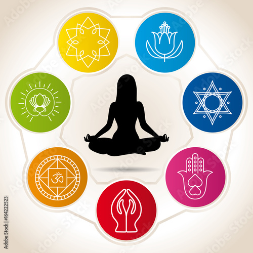 Silhouette of woman in meditation position surrounded by seven colored circles with icons of yoga and reiki - Vector image