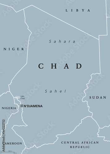 Chad political map with capital NDjamena  international borders and neighbors. Republic and landlocked country in Central Africa. Gray illustration. English labeling. Vector.