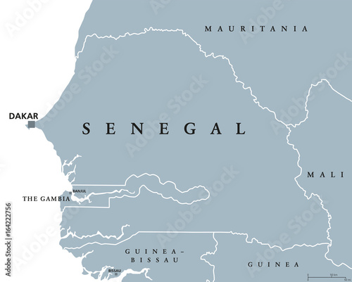 Senegal political map with capital Dakar, international borders and neighbors. Republic and country in West Africa. Gray illustration isolated on white background. English labeling. Vector.