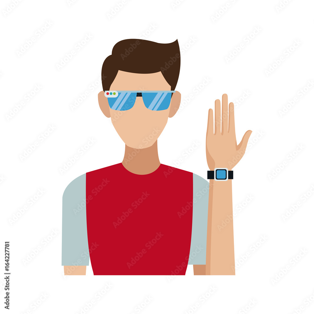 young man wearing vr glasses and smartwatch technology
