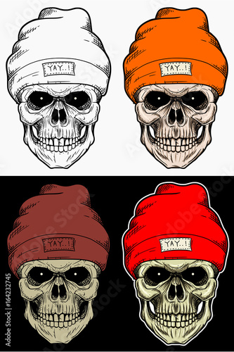 Skull Head Wearing Winter Hat Drawing illustration with 4 variation color