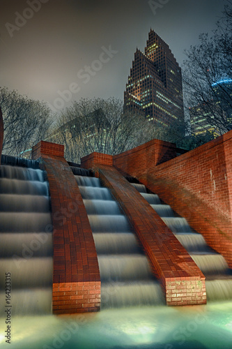 Silky waterfall in downtown Houston, Texas at night