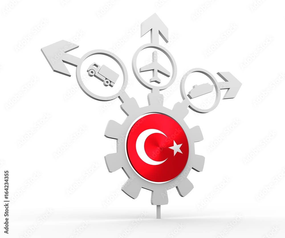 Delivery emblem design. Truck, airplane and ferry boat icons on destination arrows. Flag of the Turkey in the center of gear. 3D rendering Delivery emblem design. Truck, airplane and ferry boat icons on destination arrows. Flag of the Turkey in the center of gear. 3D rendering