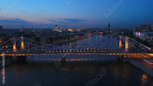 night light moscow river bay krymsky bridge gorky park aerial panorama 4k russia
 photo