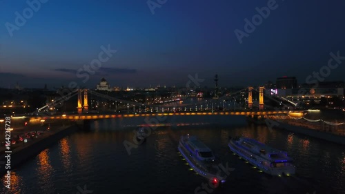 night illuminated moscow river ship traffic krymsky bridge aerial panorama 4k russia
 photo