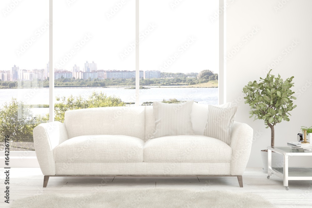 White room with sofa and summer landscape in window. Scandinavian interior design. 3D illustration White room with sofa and summer landscape in window. Scandinavian interior design. 3D illustration