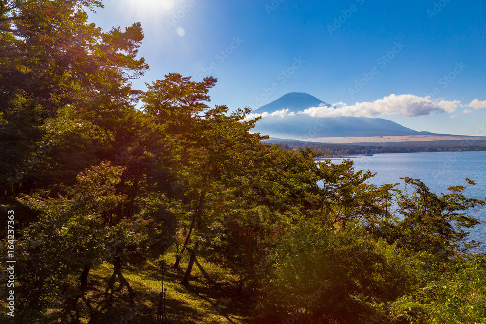 The Mount Fuji of the first snowcap and lake yamanaka.The place of shooting is Yamanaka Lake Yamanashi Prefecture Japan.