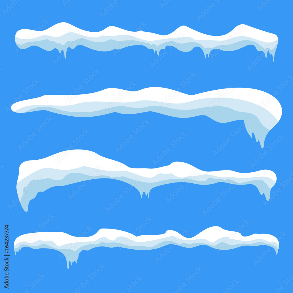 Snow ice icicle set Winter design. White blue snow template. Snowy frame decoration isolated on blue background. Cartoon style. Christmas, New Year frozen ice texture Vector illustration