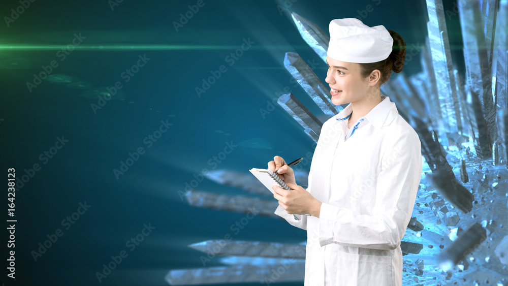 Beautiful medical woman doctor in uniform. Studio painted background. Concept of profitable health care.