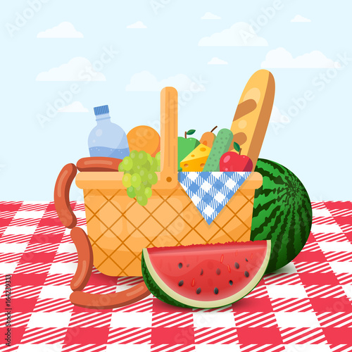 Basket for a picnic with fruit and various food. Vector illustration.