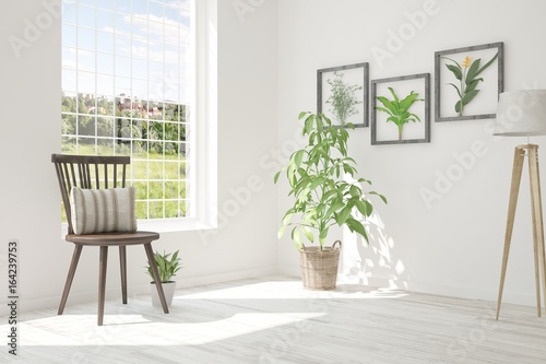 White inspiration of room with chair and summer landscape in window. Scandinavian interior design. 3D illustration