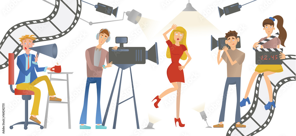 Shooting a movie or a TV show. A director with a loudspeaker, cameramen and an actress or model. Vector illustration, isolated on white.