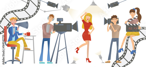 Shooting a movie or a TV show. A director with a loudspeaker, cameramen and an actress or model. Vector illustration, isolated on white. © Tatyana