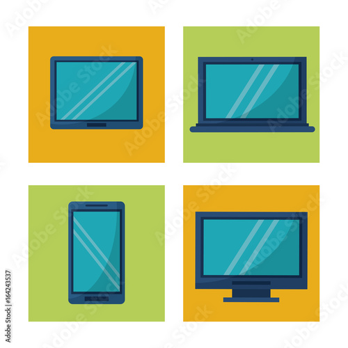 white background with square frames graphics with icons of tech devices computer tablet and smartphone