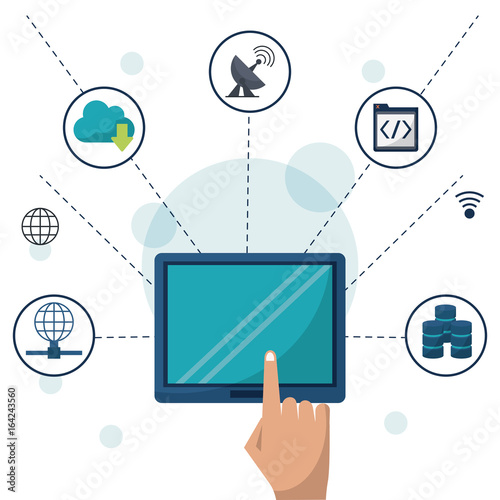 color background with tablet in closeup and network connections and apps around