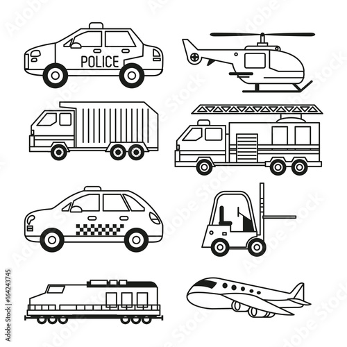 white background with monochrome set of vehicles of public transport and freight and air transport