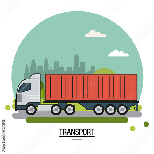 colorful poster of transport with cargo truck on background outskirts of the city in shape of sphere