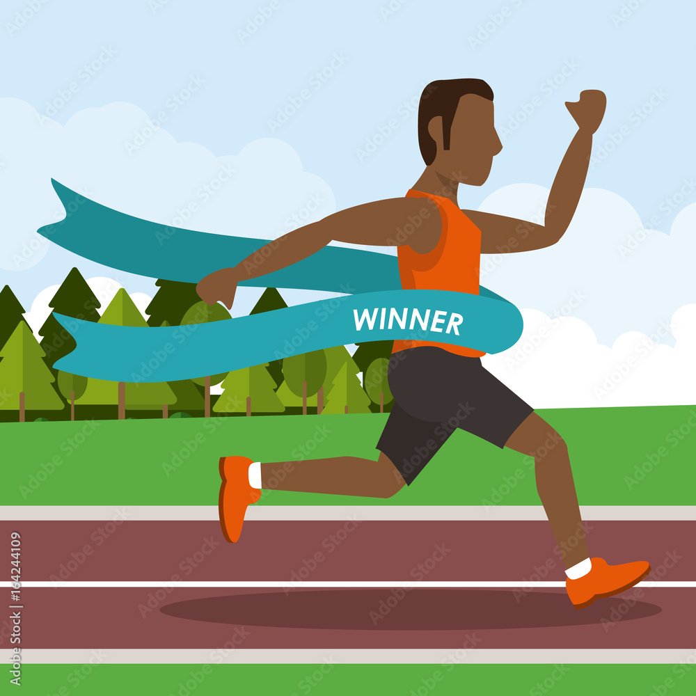 Obraz premium colorful poster keep running with man athlete afro american crossing the finish line
