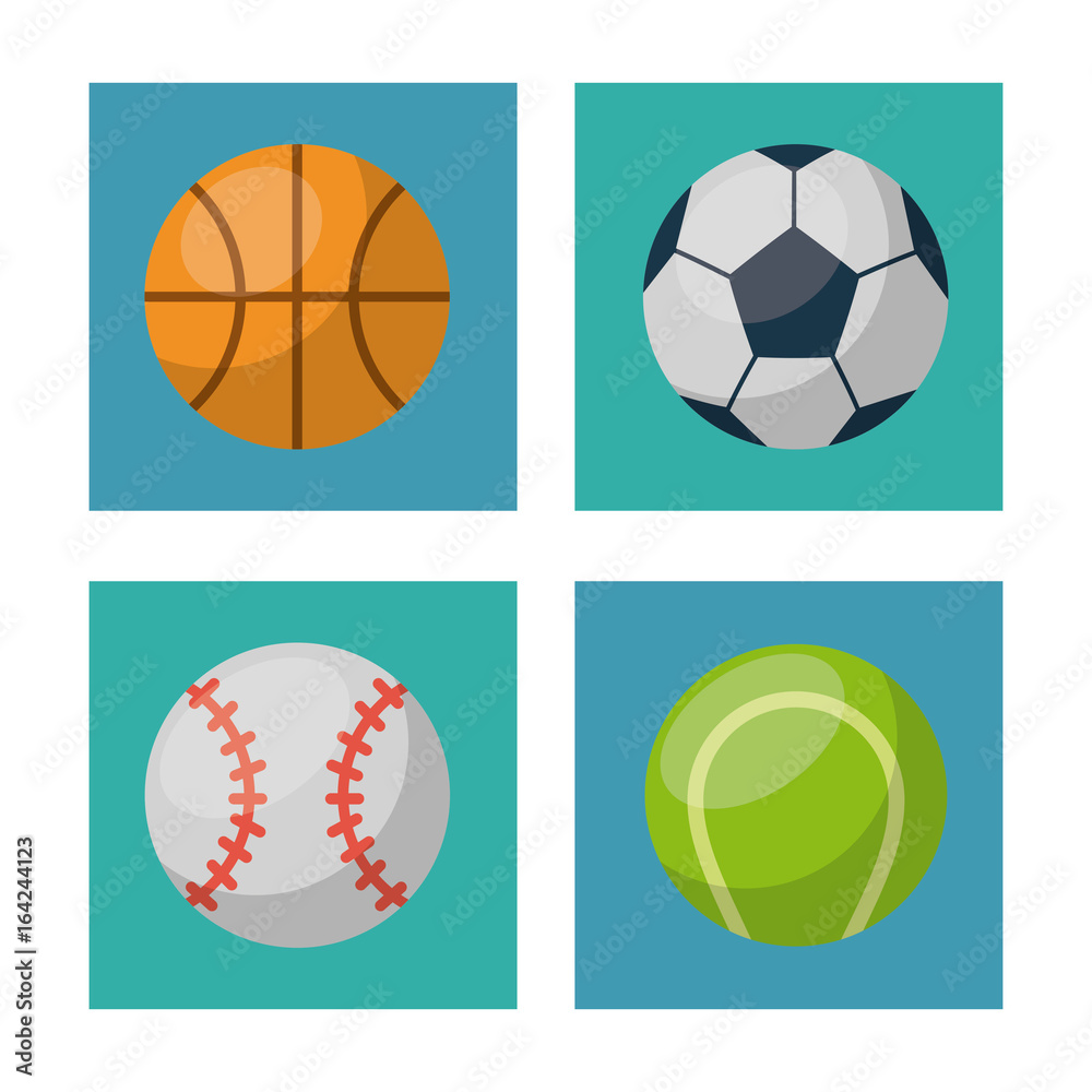 white background with squares set of ball of basketball soccer baseball and tennis