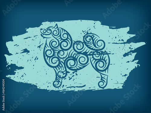 A scratched spot with openwork smiling dog made of spirals and swirls. Symbol of the year 2018. Vector illustration.