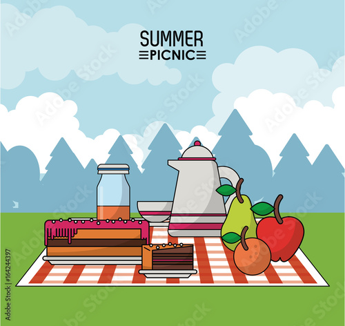 colorful poster of summer picnic with outdoor landscape with food in tablecloth as pie and fruits and coffee jar
